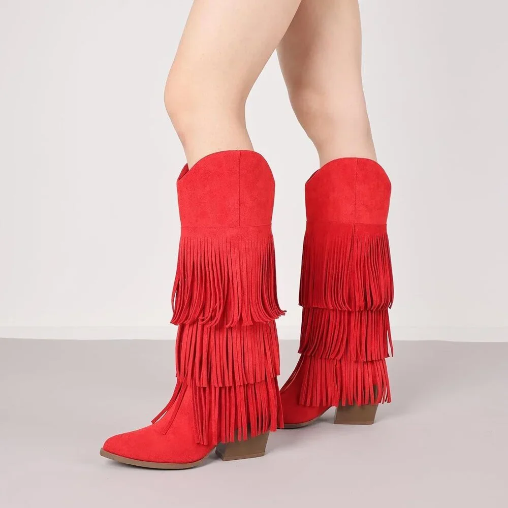 Women's Red Retro Pointed Toe Pull On Block Chunky Heel Fringe Country